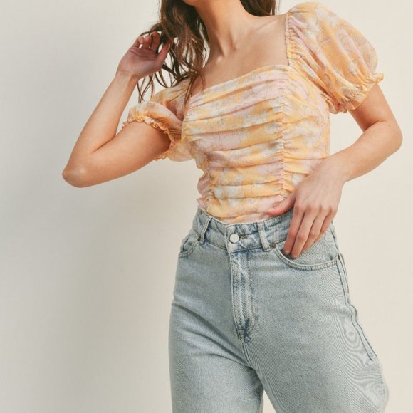 New Boho Floral Printed Ruffle Bodysuit Mango Pink - Picture 2 of 5